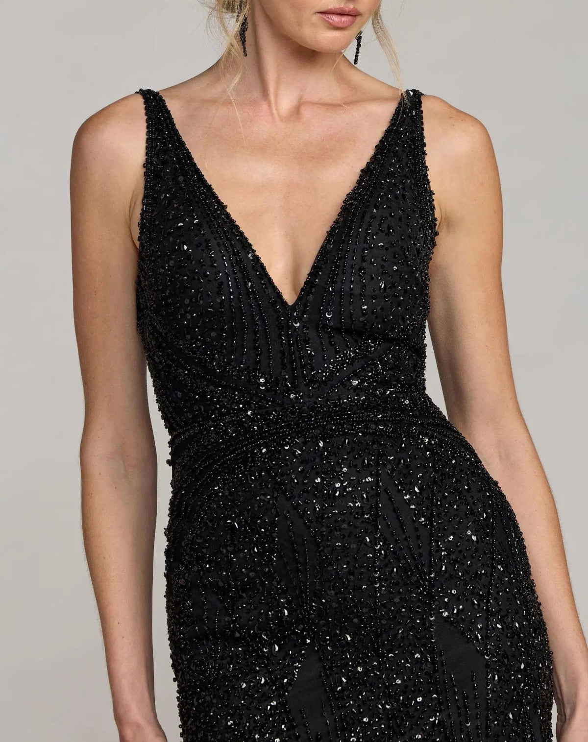 Mac Duggal Black Embellished V-Neck Gown With Feather Hem