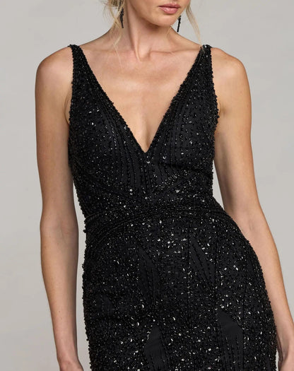 Mac Duggal Black Embellished V-Neck Gown With Feather Hem