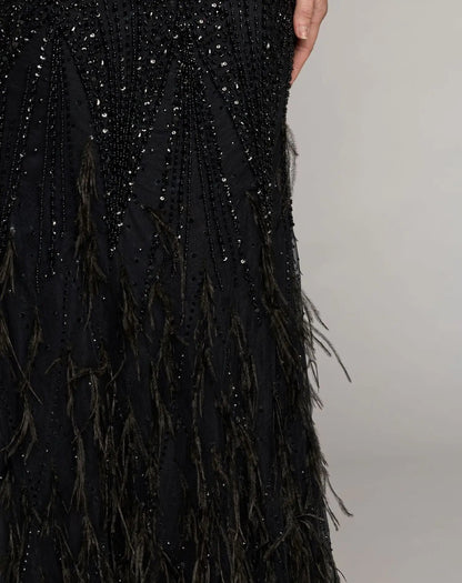 Mac Duggal Black Embellished V-Neck Gown With Feather Hem