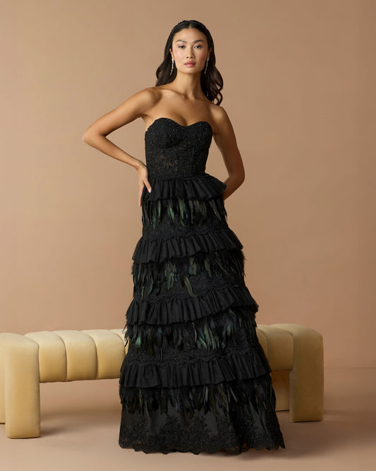 Mac Duggal Black Strapless Sweetheart Lace Tiered Feather Ball Gown