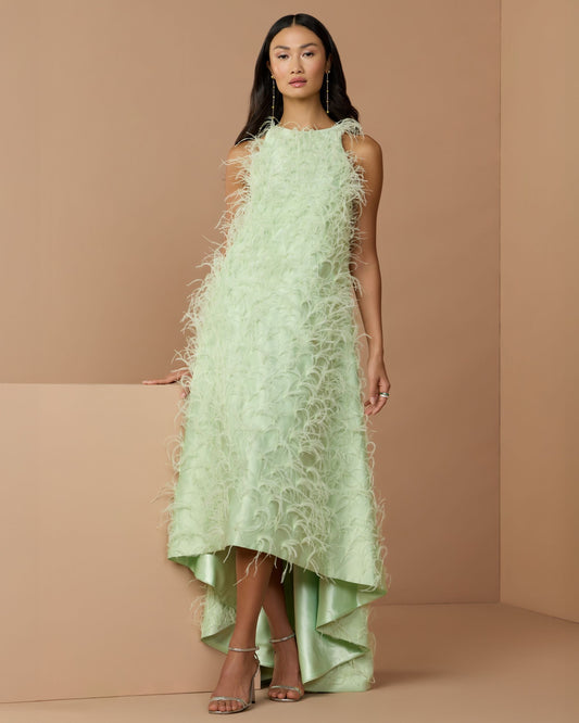 Mac Duggal Green Sleeveless Feather Embellished Trapeze Gown