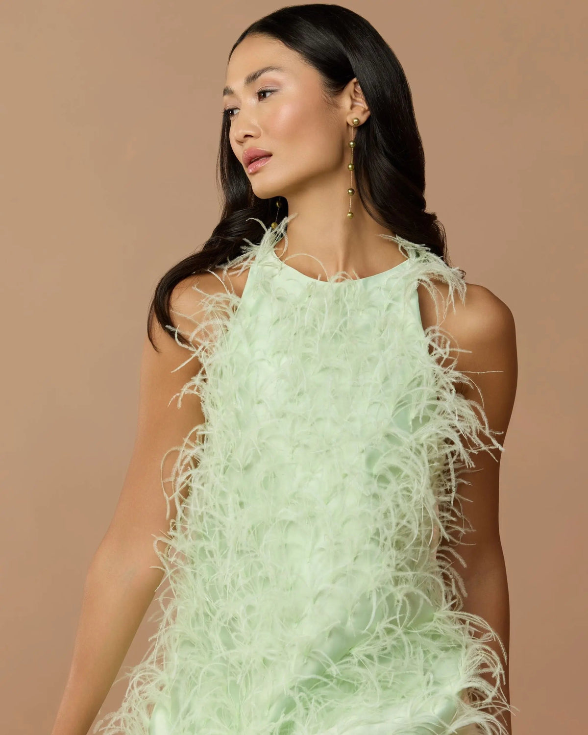 Mac Duggal Green Sleeveless Feather Embellished Trapeze Gown