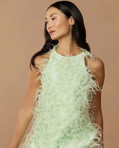 Mac Duggal Green Sleeveless Feather Embellished Trapeze Gown
