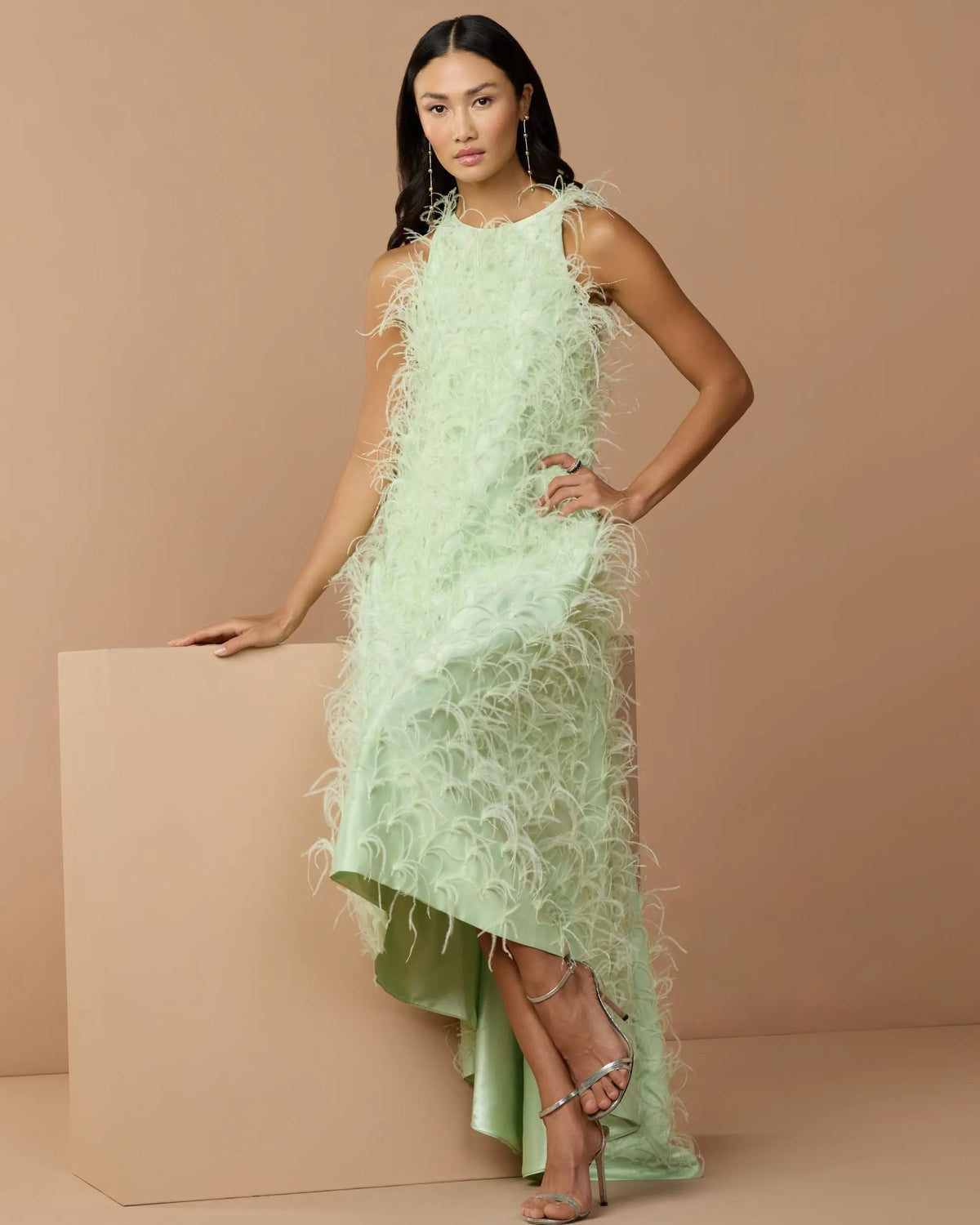 Mac Duggal Green Sleeveless Feather Embellished Trapeze Gown