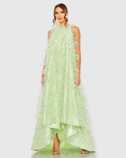 Mac Duggal Green Sleeveless Feather Embellished Trapeze Gown