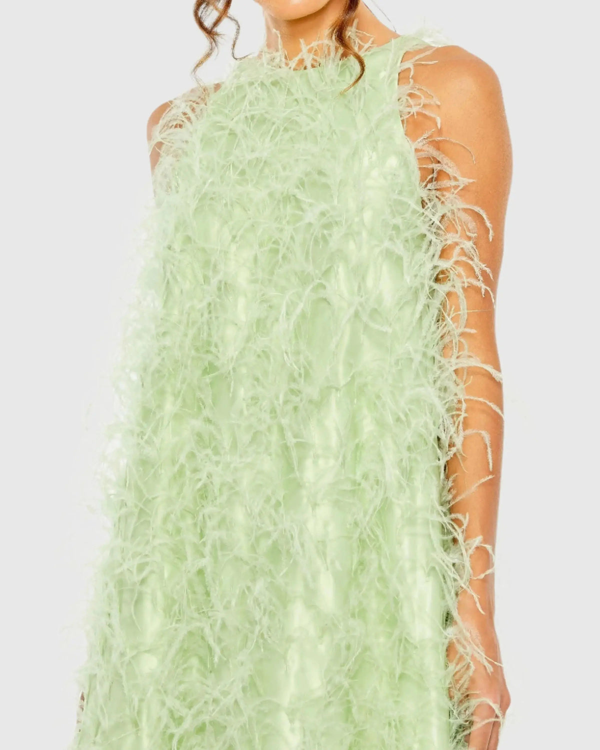 Mac Duggal Green Sleeveless Feather Embellished Trapeze Gown
