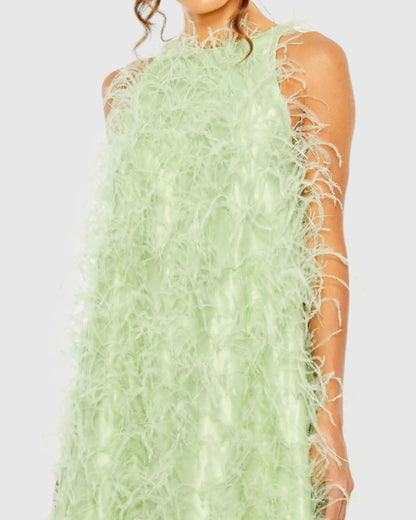 Mac Duggal Green Sleeveless Feather Embellished Trapeze Gown