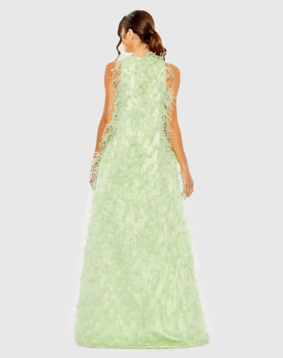 Mac Duggal Green Sleeveless Feather Embellished Trapeze Gown