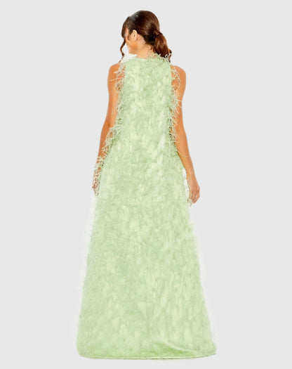 Mac Duggal Green Sleeveless Feather Embellished Trapeze Gown
