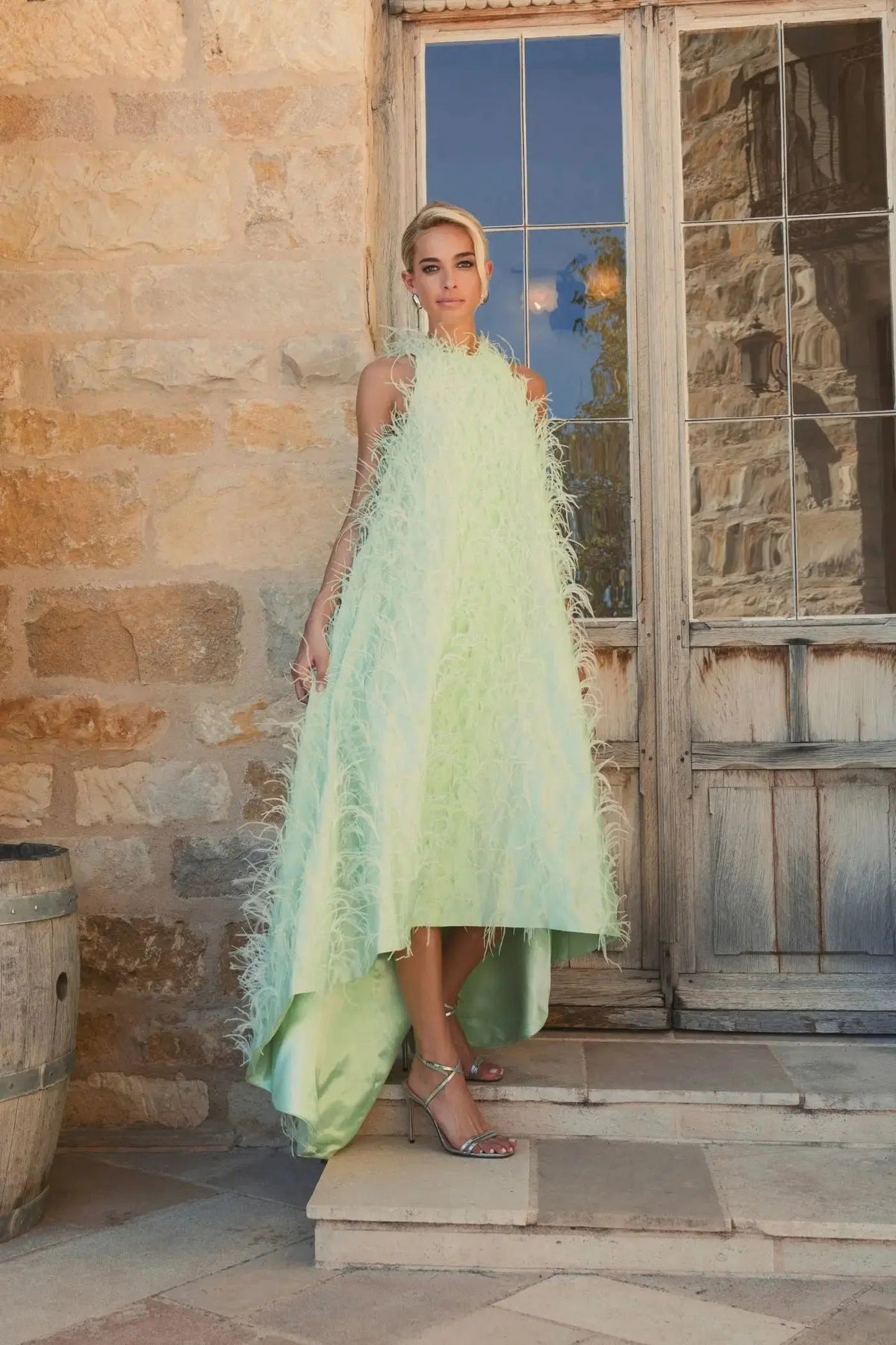 Mac Duggal Green Sleeveless Feather Embellished Trapeze Gown