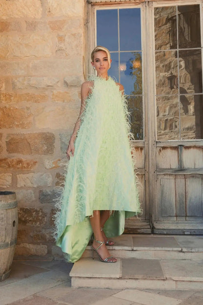 Mac Duggal Green Sleeveless Feather Embellished Trapeze Gown