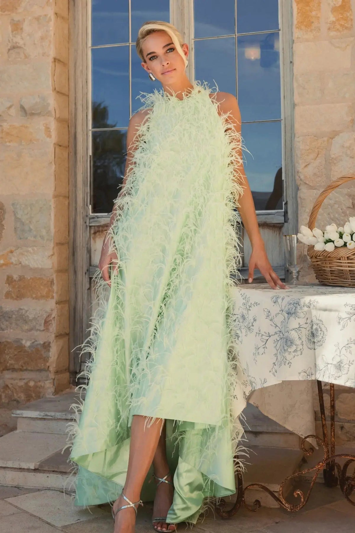 Mac Duggal Green Sleeveless Feather Embellished Trapeze Gown