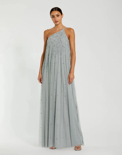 Mac Duggal Green One Shoulder Embellished Evening Gown