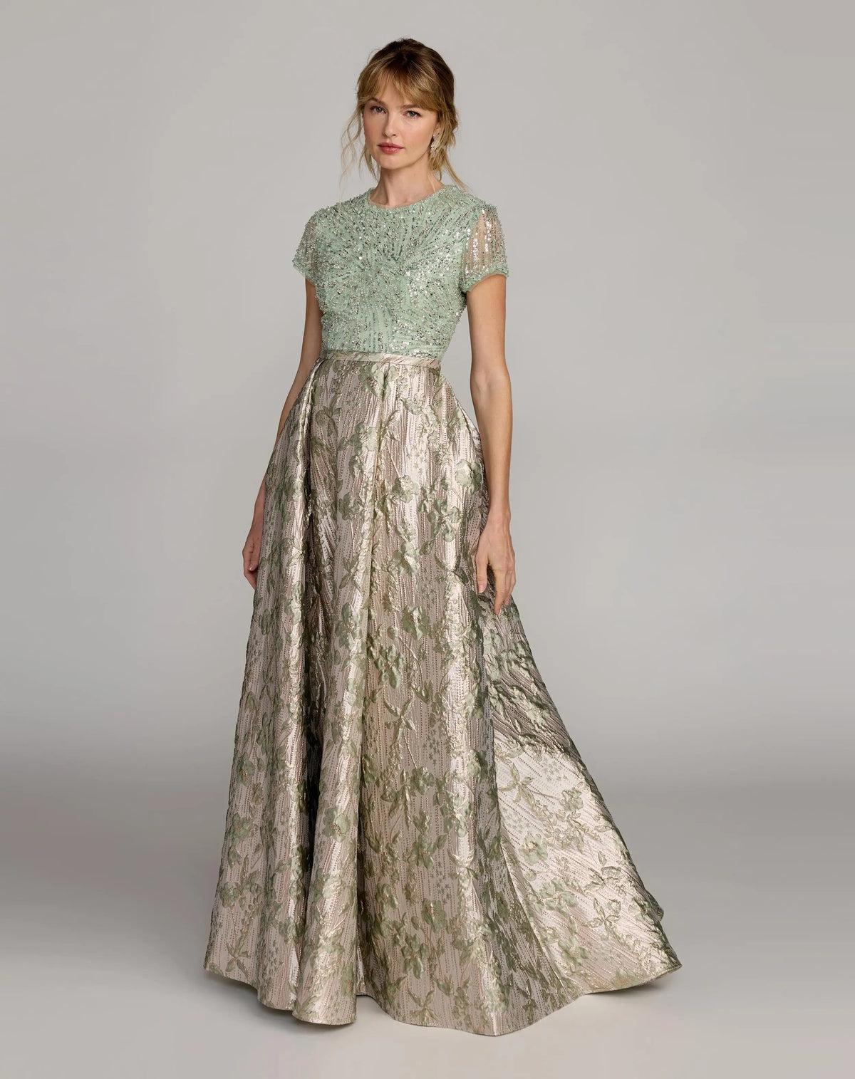 Mac Duggal Green Sequin Embellished Floral Jacquard Ball Gown