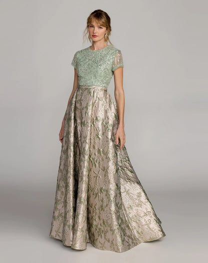 Mac Duggal Green Sequin Embellished Floral Jacquard Ball Gown