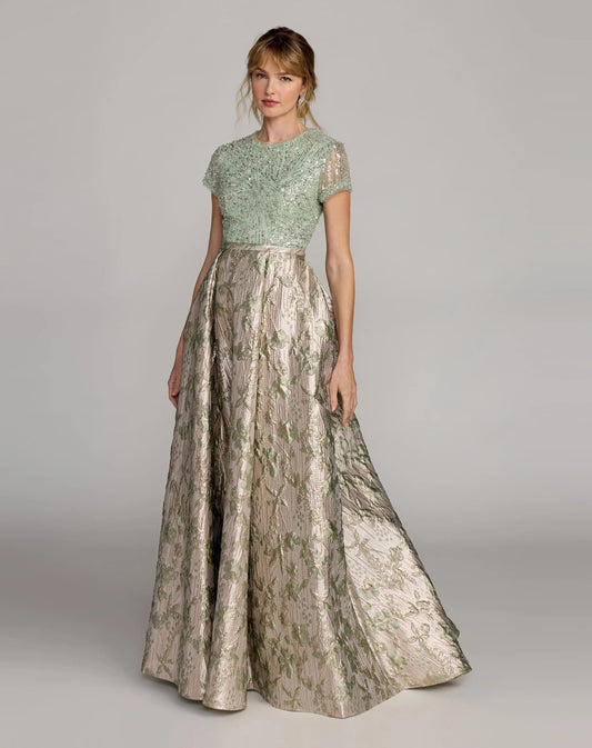 Mac Duggal Green Sequin Embellished Floral Jacquard Ball Gown