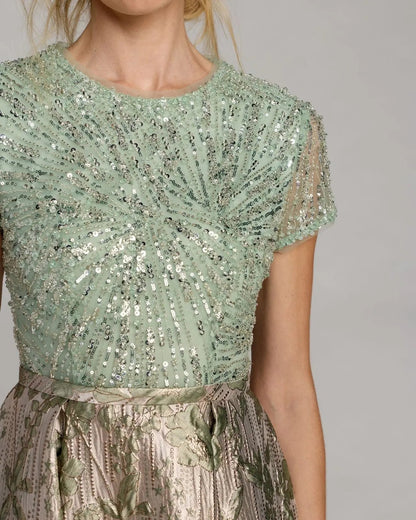 Mac Duggal Green Sequin Embellished Floral Jacquard Ball Gown