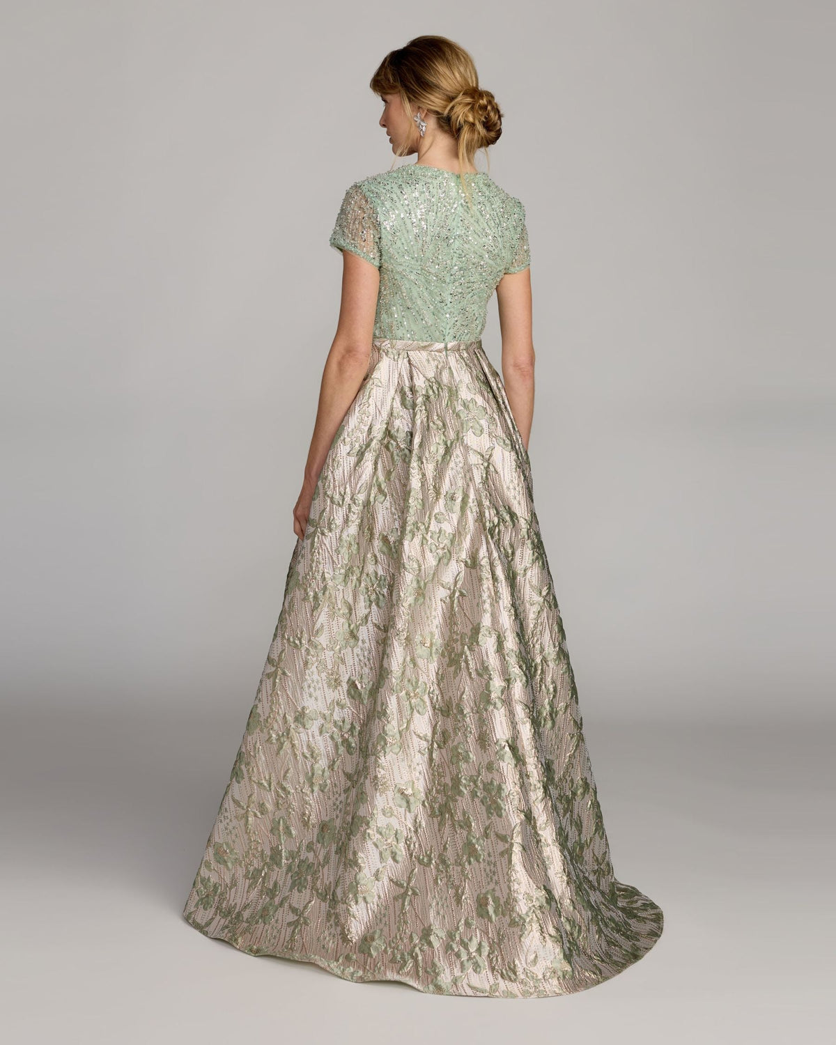 Mac Duggal Green Sequin Embellished Floral Jacquard Ball Gown