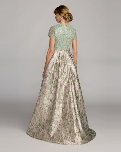 Mac Duggal Green Sequin Embellished Floral Jacquard Ball Gown