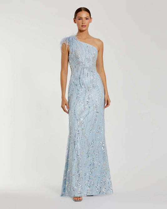 Mac Duggal Blue Feathered One Shoulder Embellished Applique Gown