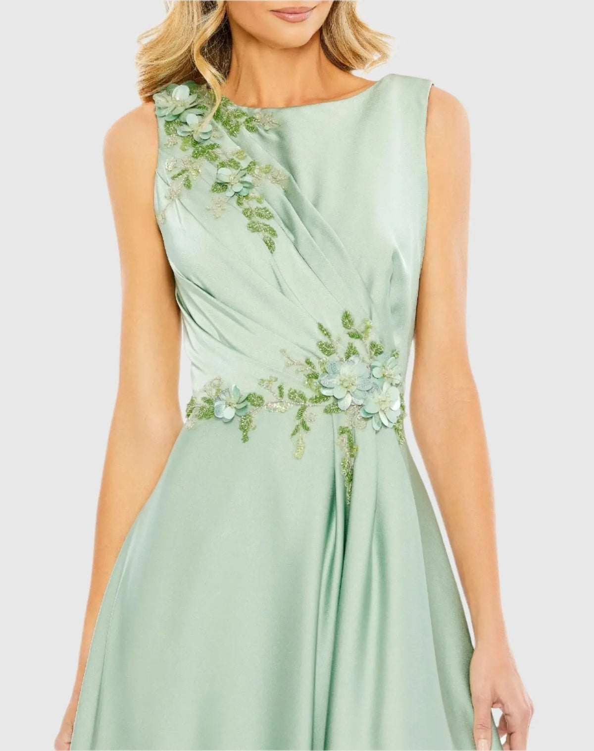 Mac Duggal Green Floral Applique Sleeveless A Line Gown