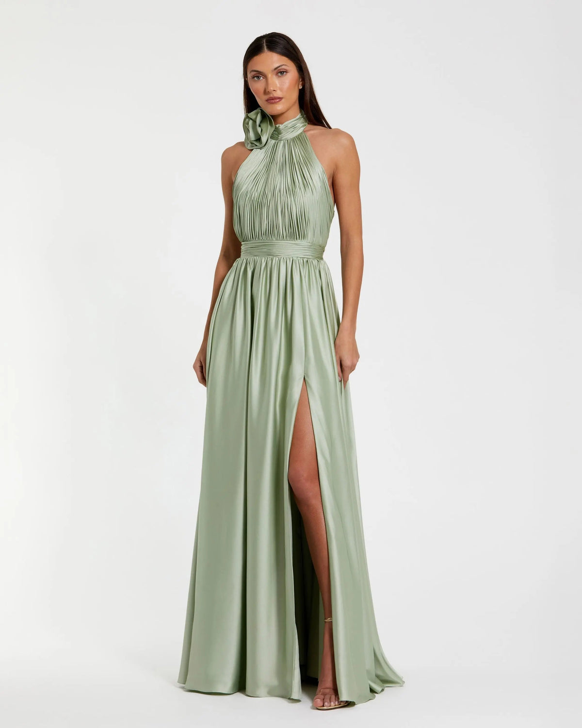 Mac Duggal Green Halter Neck Open Back Satin Gown With Slit