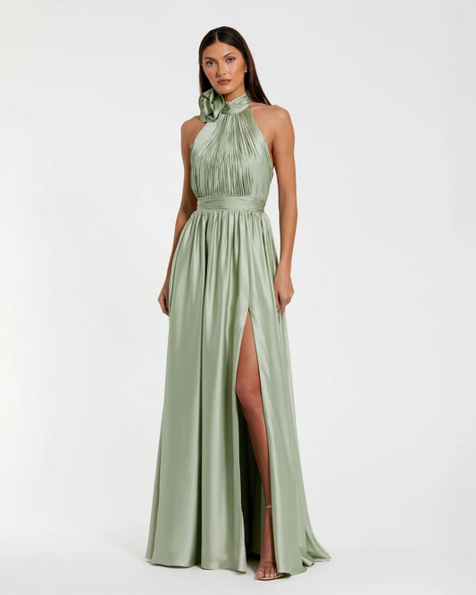 Mac Duggal Green Halter Neck Open Back Satin Gown With Slit