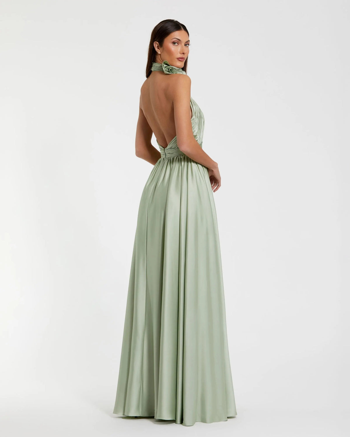 Mac Duggal Green Halter Neck Open Back Satin Gown With Slit