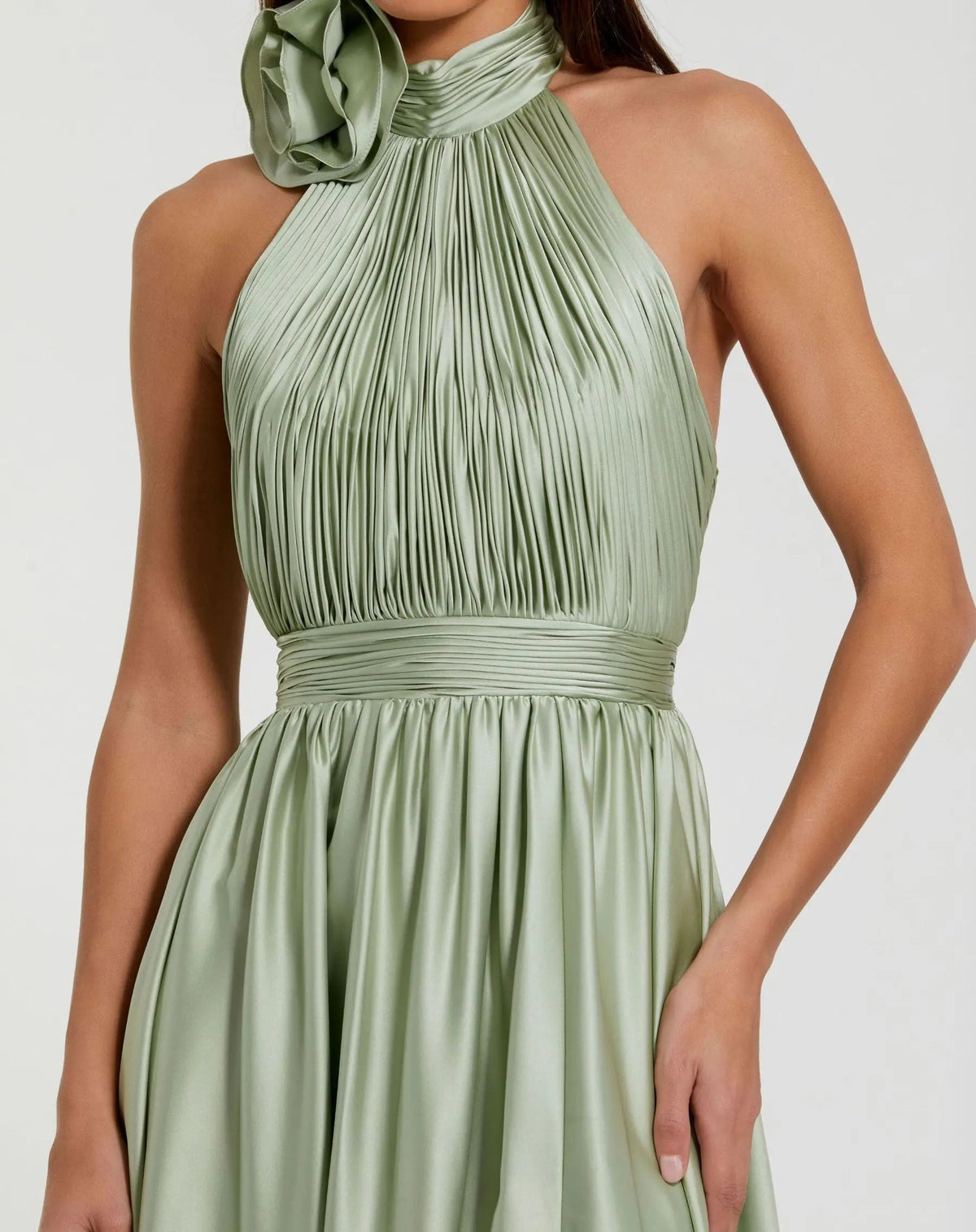Mac Duggal Green Halter Neck Open Back Satin Gown With Slit