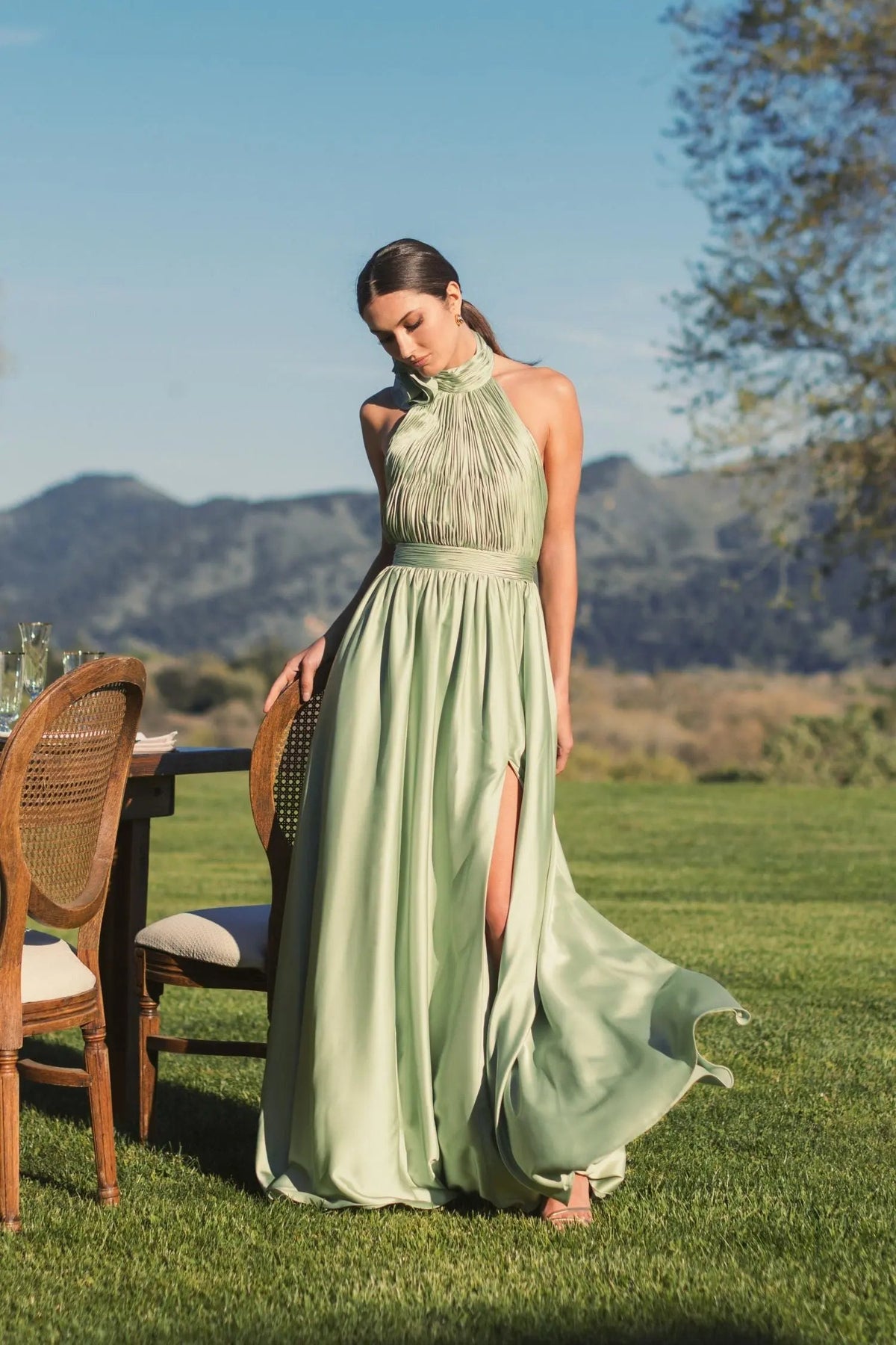 Mac Duggal Green Halter Neck Open Back Satin Gown With Slit