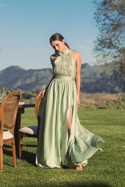 Mac Duggal Green Halter Neck Open Back Satin Gown With Slit