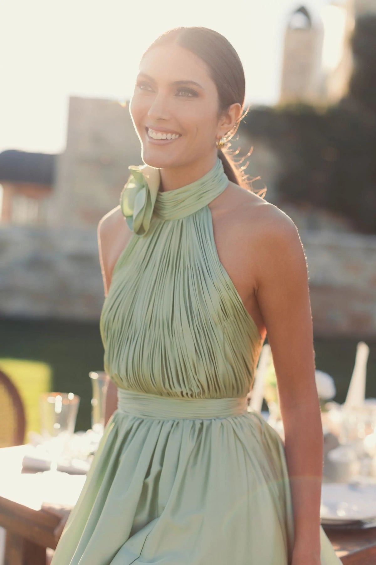Mac Duggal Green Halter Neck Open Back Satin Gown With Slit
