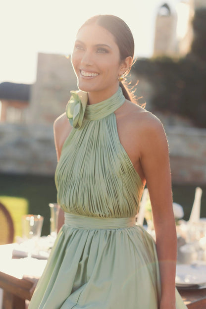 Mac Duggal Green Halter Neck Open Back Satin Gown With Slit