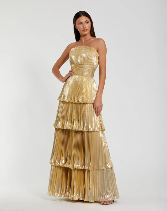 Mac Duggal Gold Strapless Pleated Metallic Ruffle Gown