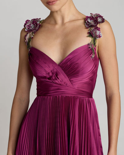 Mac Duggal Purple Pleated High Low Gown With 3D Floral Straps