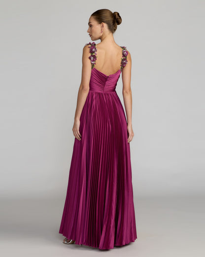 Mac Duggal Purple Pleated High Low Gown With 3D Floral Straps