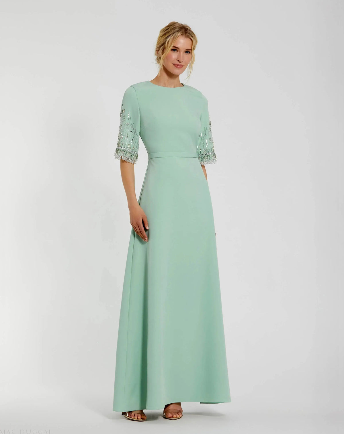 Mac Duggal Green Crepe A Line Gown With Beaded 3/4 Sleeves