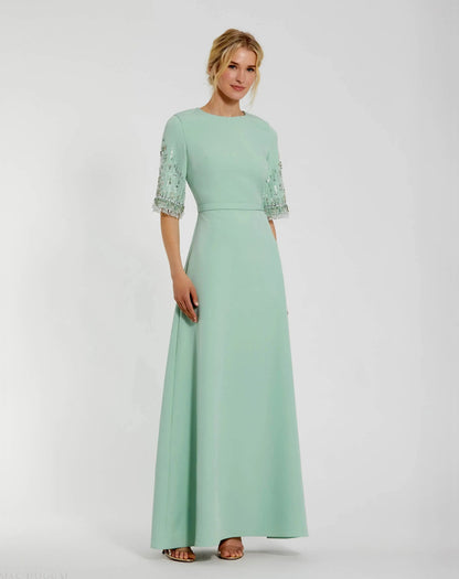 Mac Duggal Green Crepe A Line Gown With Beaded 3/4 Sleeves