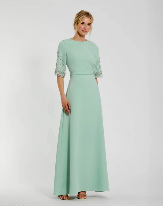 Mac Duggal Green Crepe A Line Gown With Beaded 3/4 Sleeves