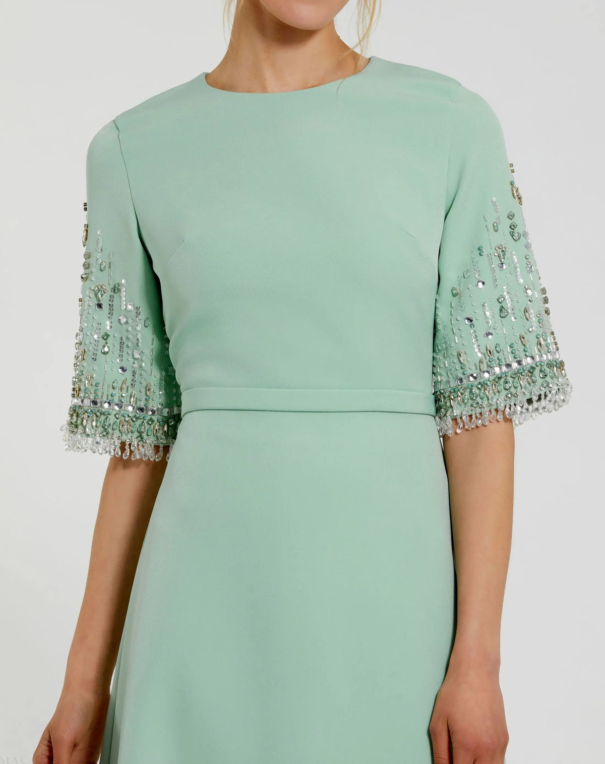 Mac Duggal Green Crepe A Line Gown With Beaded 3/4 Sleeves