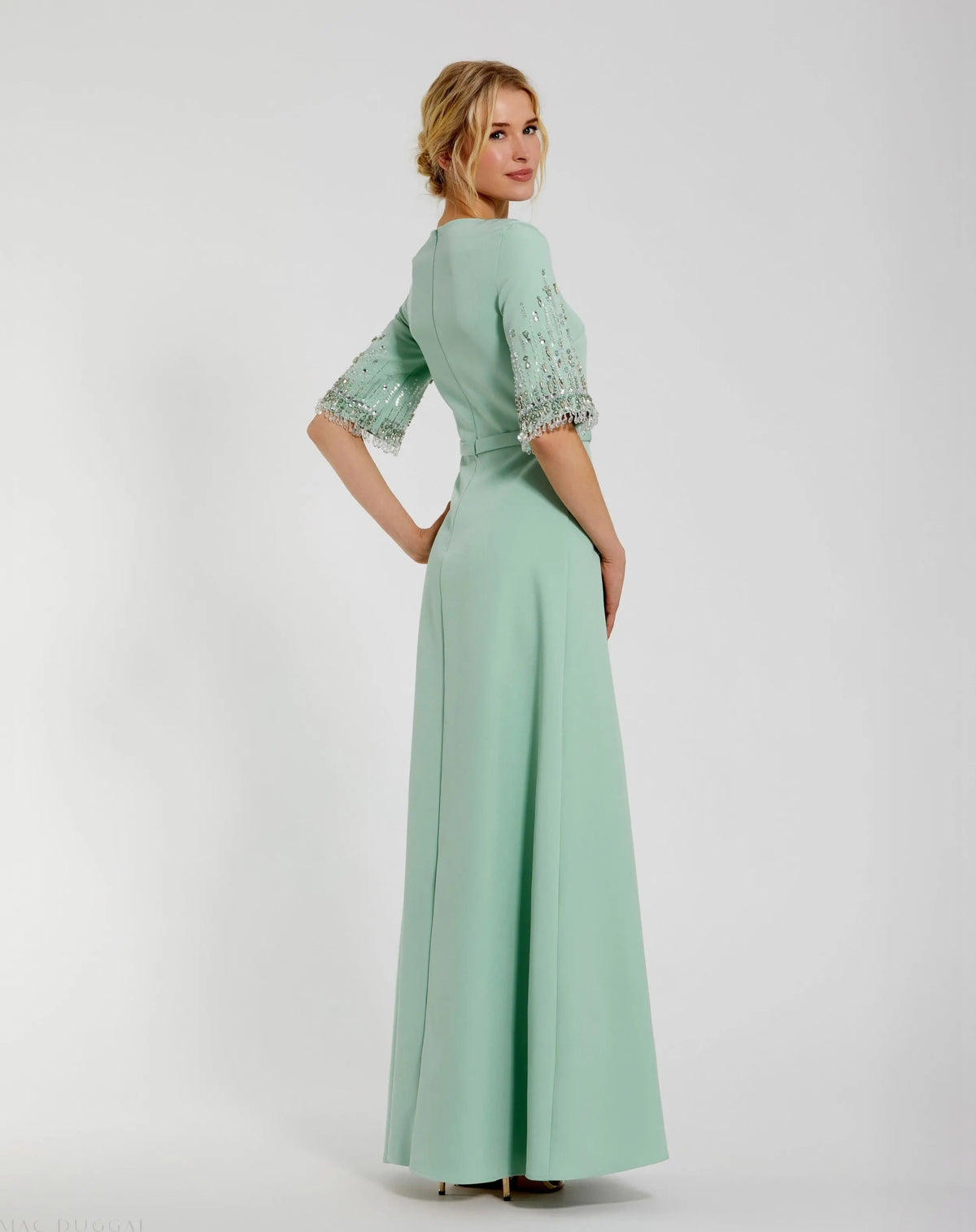 Mac Duggal Green Crepe A Line Gown With Beaded 3/4 Sleeves