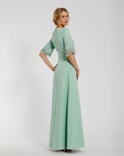 Mac Duggal Green Crepe A Line Gown With Beaded 3/4 Sleeves