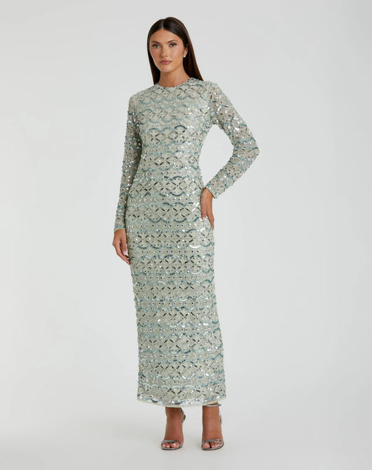 Mac Duggal Green High Neck Long Sleeve Embellished Dress