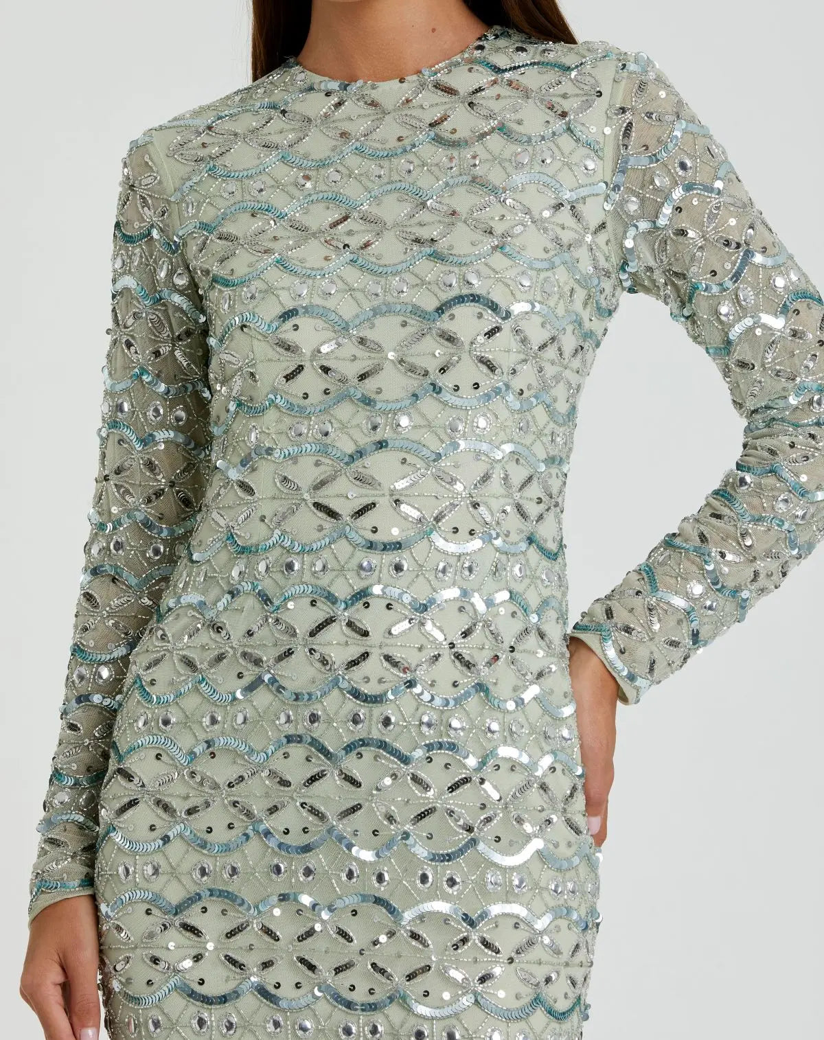 Mac Duggal Green High Neck Long Sleeve Embellished Dress