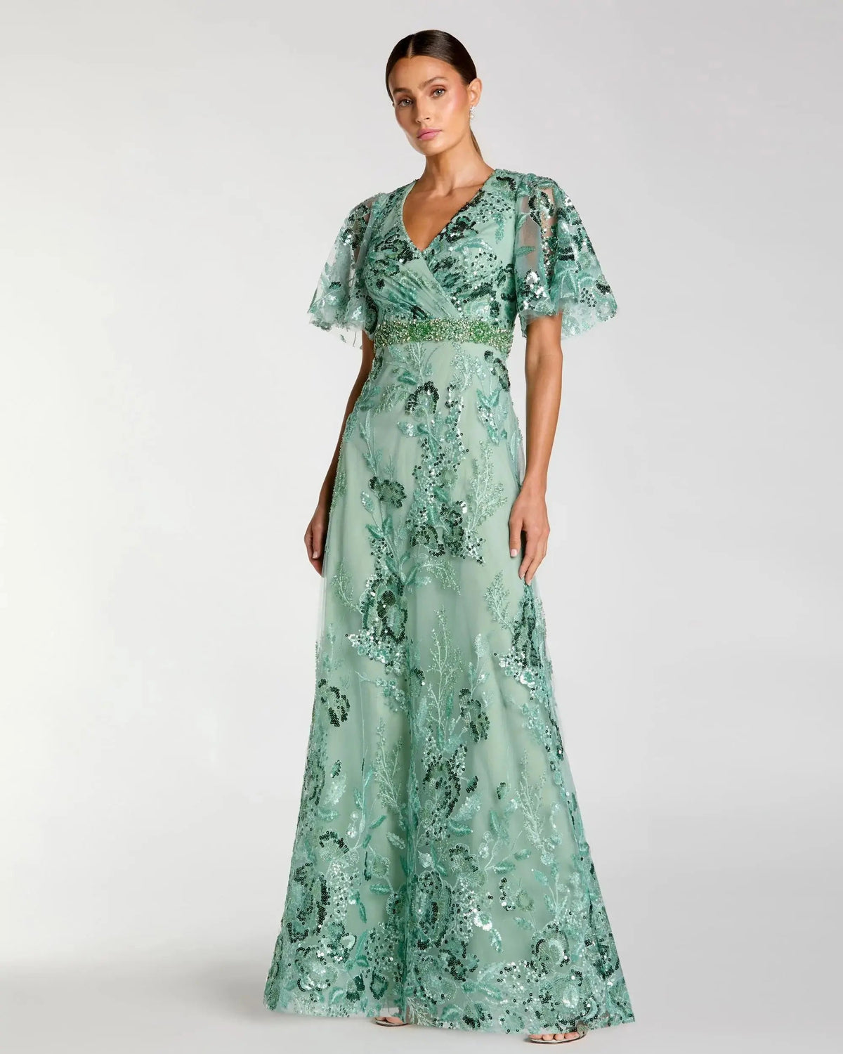 Mac Duggal Green Floral Embellished Short Sleeve Gown