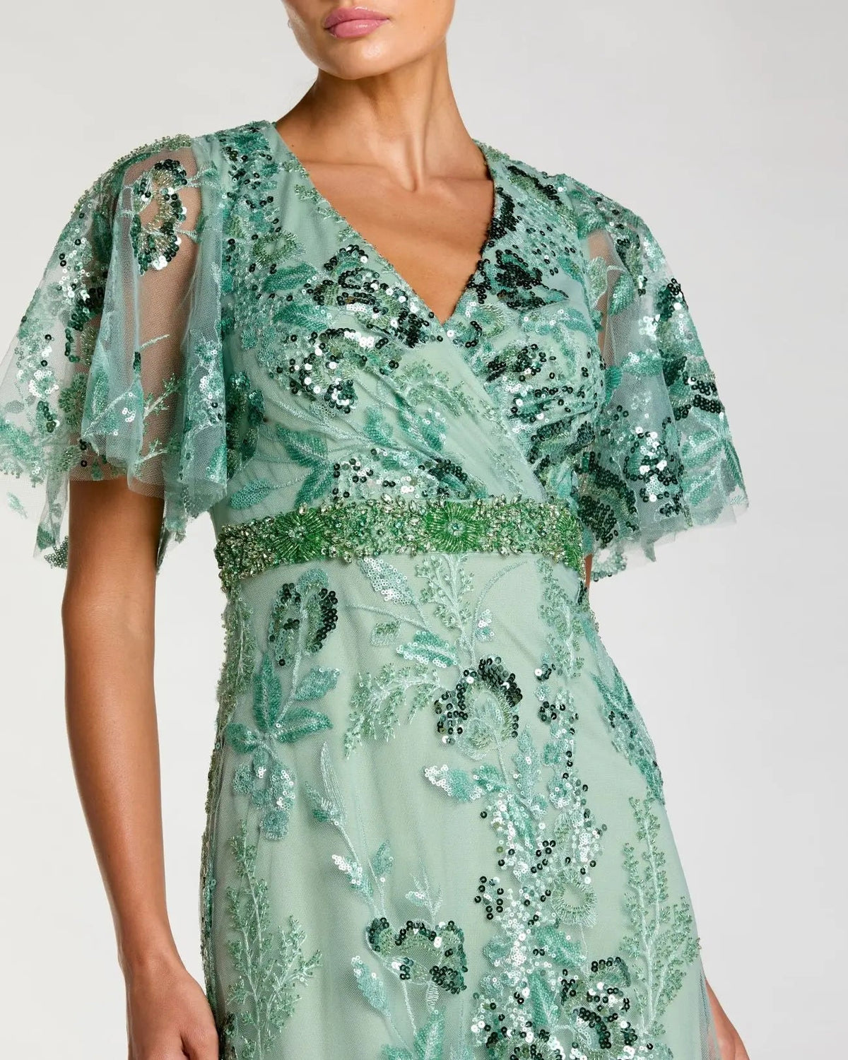 Mac Duggal Green Floral Embellished Short Sleeve Gown