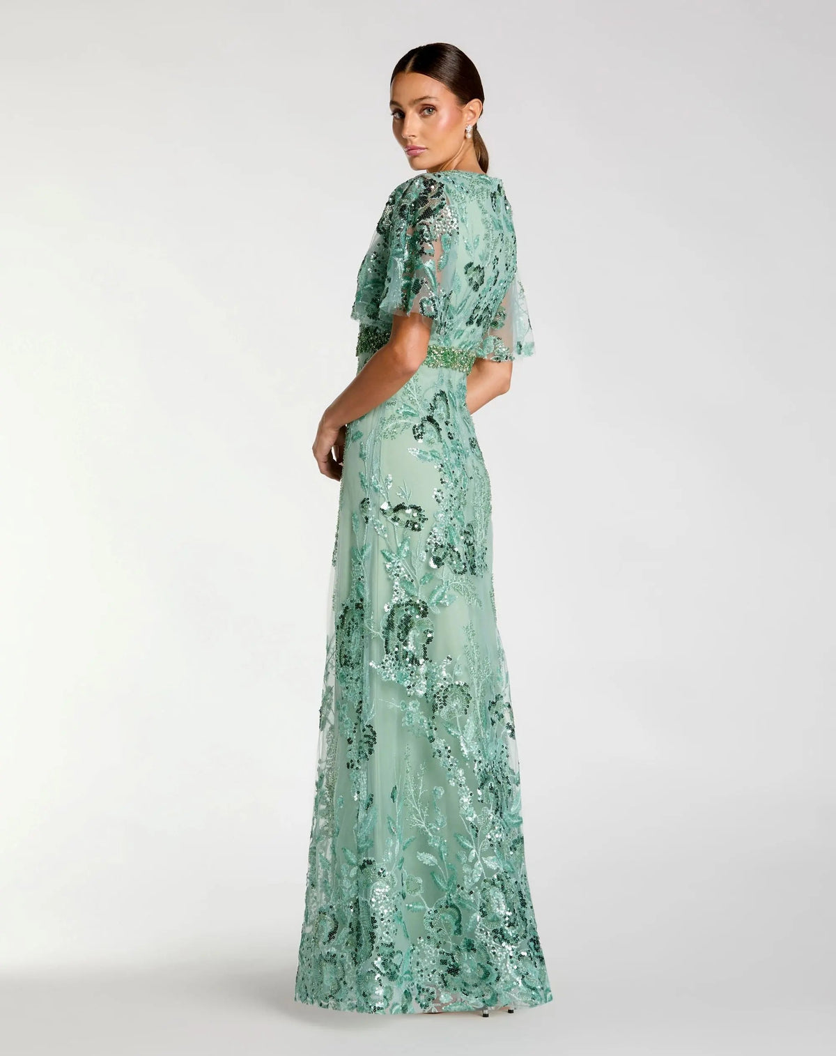 Mac Duggal Green Floral Embellished Short Sleeve Gown