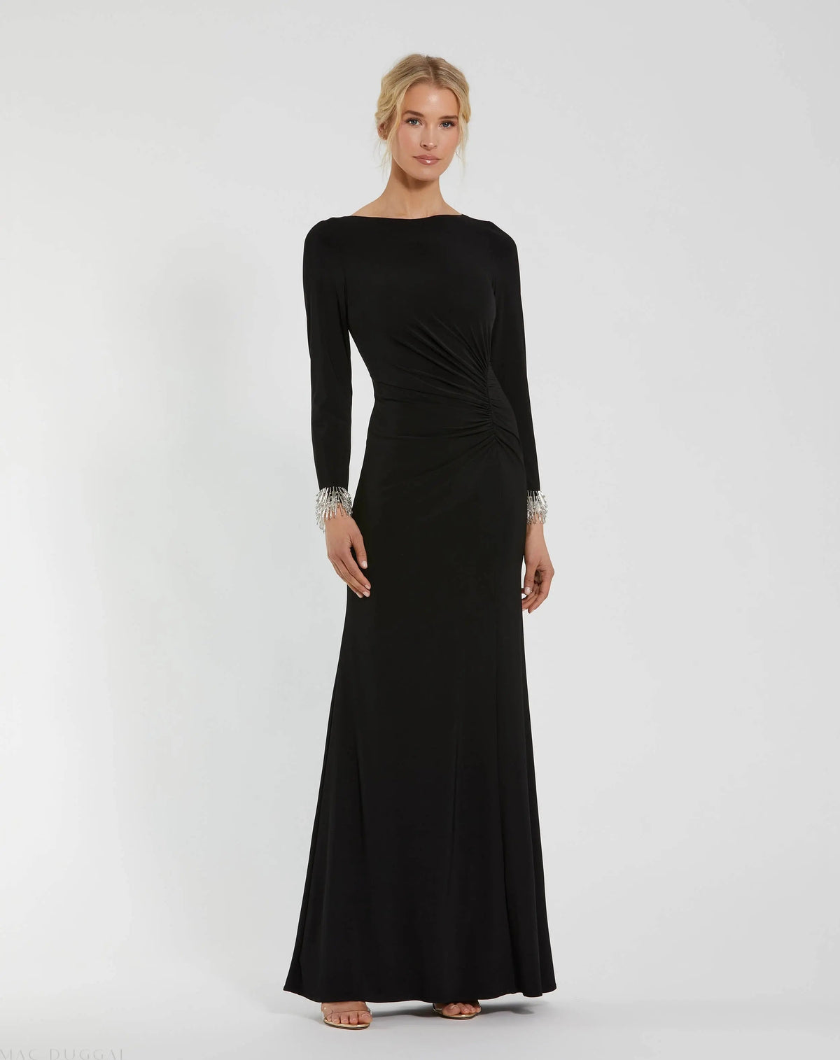 Mac Duggal Long Sleeve Jersey Gown With Beaded Cuff Sleeves Duggal