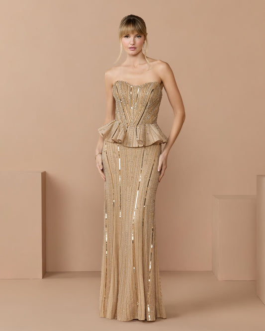 Mac Duggal Gold Strapless Embellished Peplum Gown