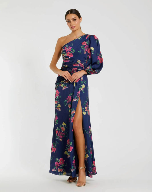 Mac Duggal Navy Floral One Shoulder Charmeuse Gown With Slit